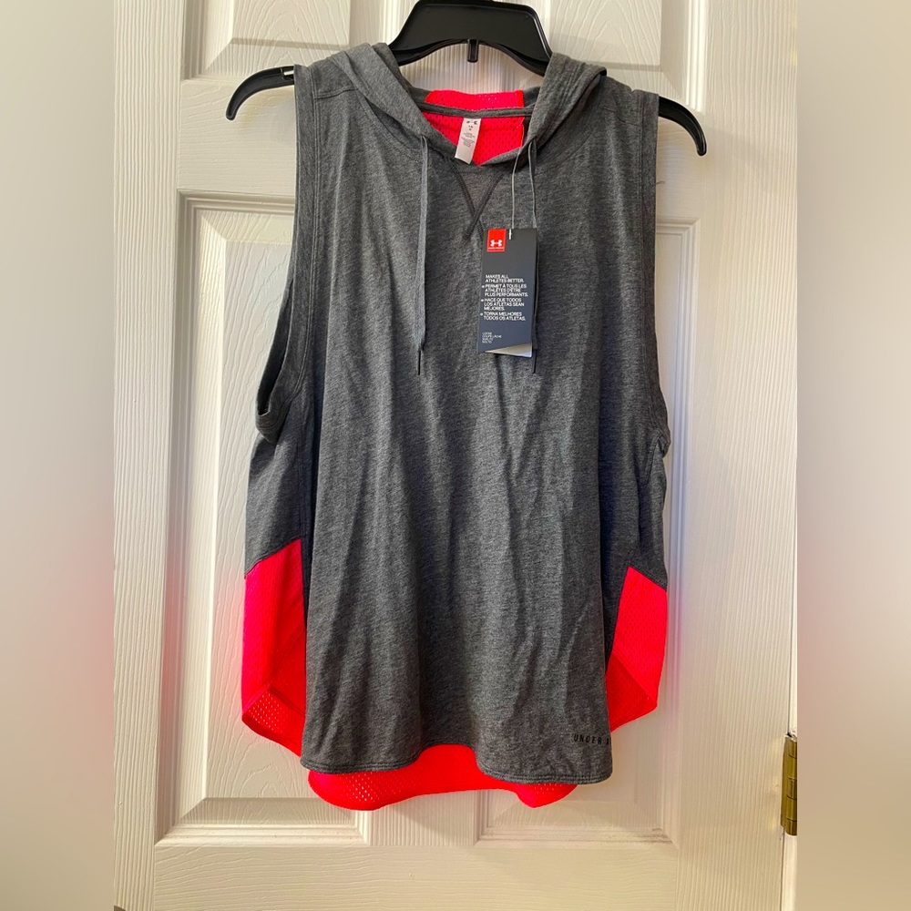 NWT Under Armour Favorite Mesh Sleeveless Hoodie 1308214 Grey-Neon red Size L